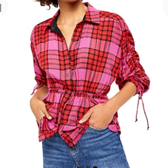 NEW Free People Plaid Ruched 3/4 Sleeve Snap Front Top, Size XS, Red Pink - Picture 1 of 6